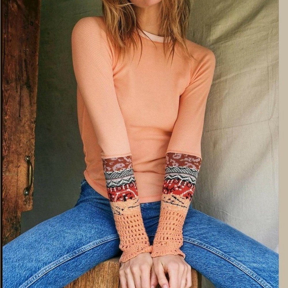 People In The Mix Thermal Ribbed Fitted Contrast Printed Crochet Cuffs Boho S